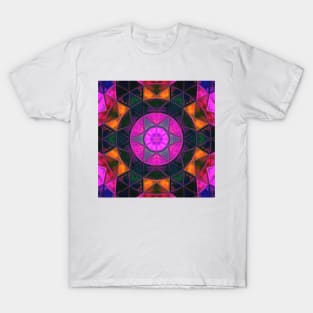 Mosaic Kaleidoscope Flower Pink Black and Orange T-Shirt